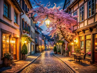 Naklejka premium Charming European Night Street: Cherry Blossoms & Cozy Shops
