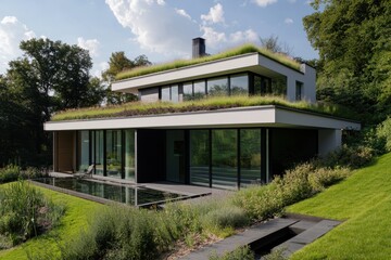 Fototapeta premium Modern eco-friendly house with green roof and large glass windows.