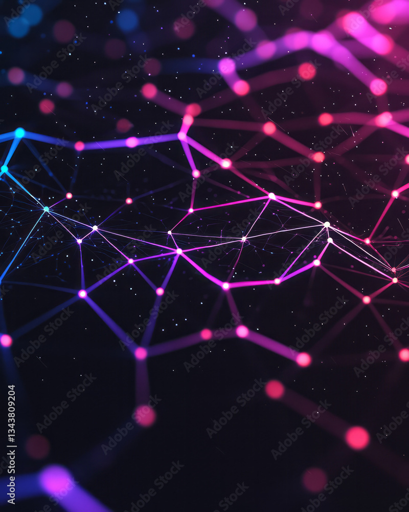 Poster colorful neon nodes interconnected by radiant glowing lines forming dynamic geometric patterns,