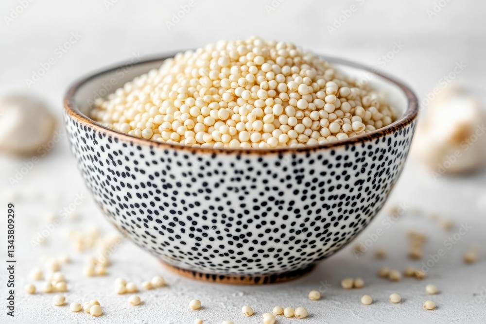Aufkleber quinoa grains in speckled bowl on table with scattered seeds in bright light