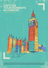 Big Ben Tower Vector Illustration. World famous landmark series in Retro Style. London, UK Travel Poster.