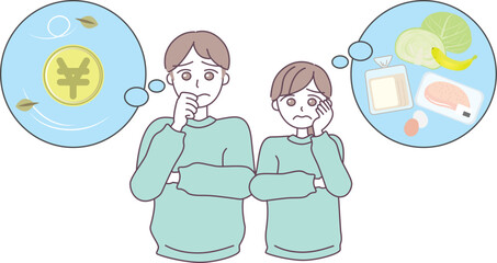 円安と物価高騰に悩む若い夫婦のイラスト