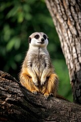 there is a small meerkat sitting on a tree branch