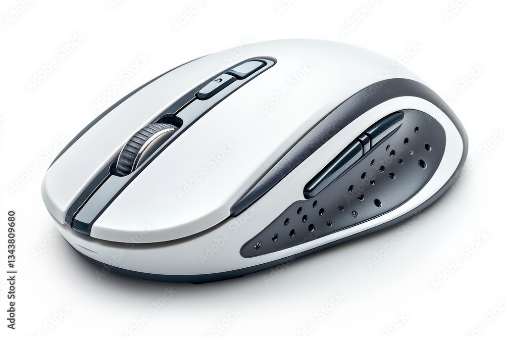 Poster wireless computer mouse designed for ergonomic comfort with sleek white and gray finish for modern w