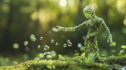 The essence of life: a water figure standing in a vibrant, green ecosystem.