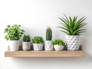 Various plants in pots including a cactus and aloe, showcasing nature and greenery in a simple home decoration setting