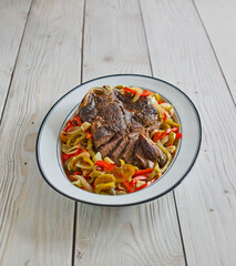 braised pot roast with peppers and onions