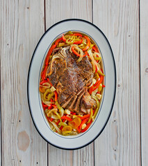 braised pot roast with peppers and onions