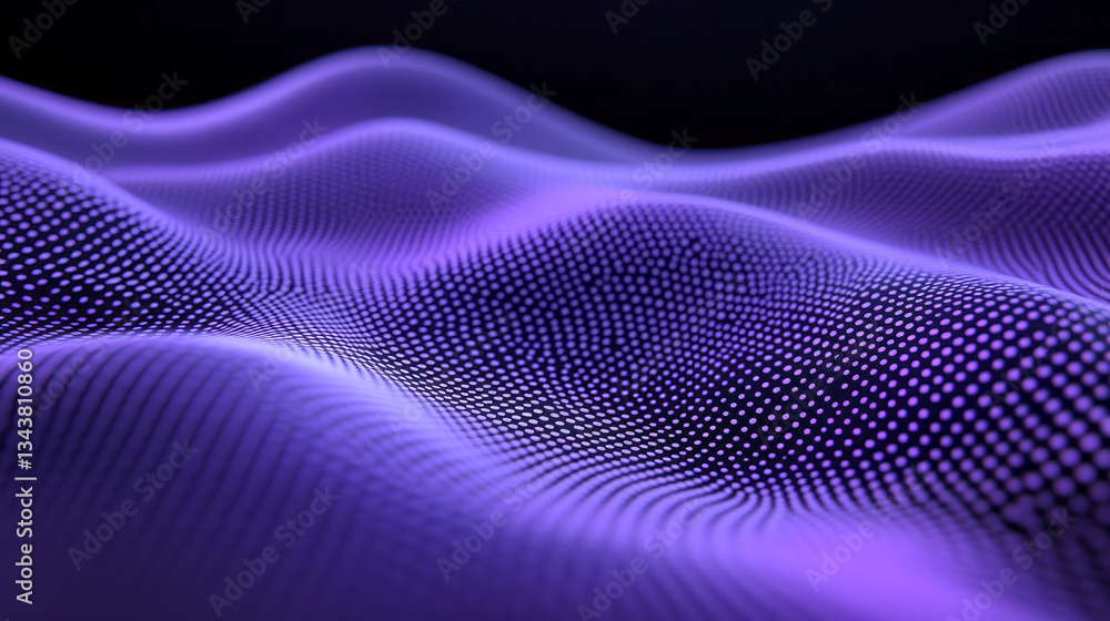 Poster a vivid, wavy array of abstract purple dots, pulsating and blending into a soft gradient, creating