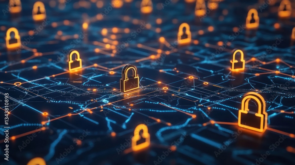 Poster digital network security concept with glowing locks on a circuit board