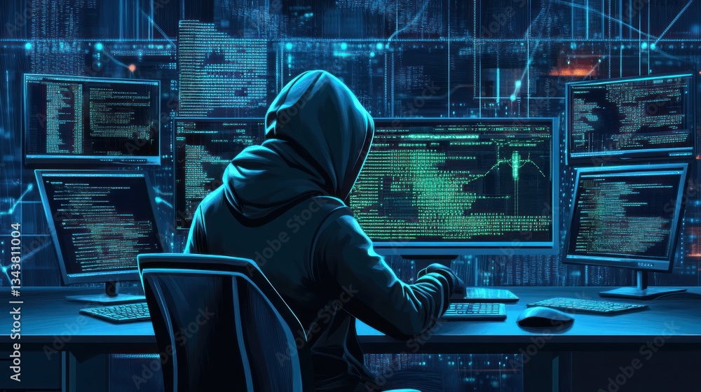 Poster mysterious hacker working intensely at a high-tech computer setup in a dark room