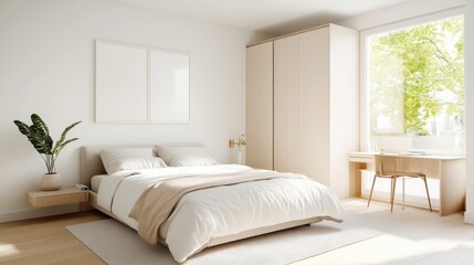 Modern, minimalist bedroom with natural light