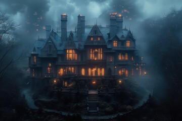 Obraz premium Mysterious Gothic Mansion with Golden Lights in Foggy Night Atmosphere