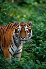 Fototapeta premium there is a tiger walking through the jungle with green plants