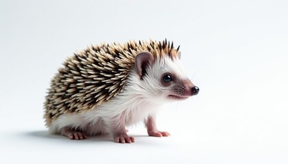 Fototapeta premium A solitary hedgehog posed against a stark white backdrop, spines, animal
