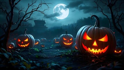 A sinister pumpkin patch under a full moon, where the carved jack-o’-lanterns have sharp, menacing grins and glowing red eyes, with creeping vines wrapping around the ground