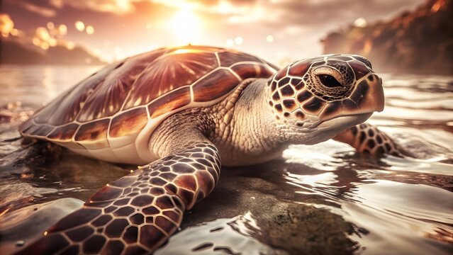 Sea Turtle on Sandy Beach at Sunset