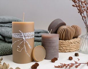 A still life composition featuring three honey wax candles wrapped in twine, resting on a wooden...