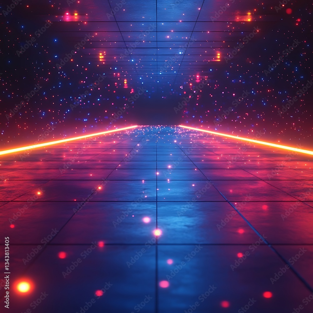 Poster abstract digital art with glowing lines and particles on a reflective tiled floor