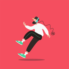 Flat art illustration of a man exercising while enjoying music. The design captures a healthy lifestyle, combining fitness and music for a refreshing and motivating workout experience.