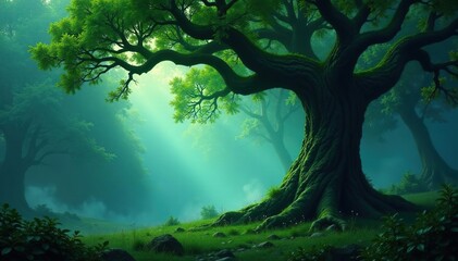 Fototapeta premium Ancient tree isolated in a mystical forest environment, forest, misty, ancient