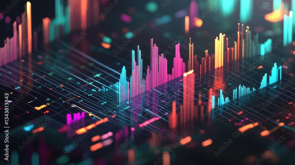 Poster abstract representation of vibrant data visualization with colorful graphs and digital elements agai
