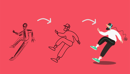 Flat art illustration of man exercise while listening music, with the step of  how to design it 