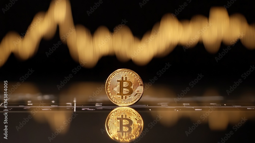 Poster a close-up of a bitcoin coin reflecting on a glossy surface with a fluctuating cryptocurrency graph 