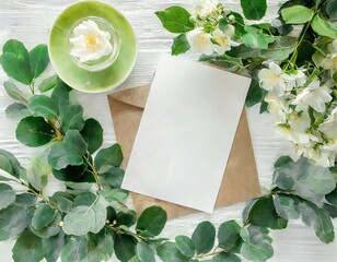 Elegant flat lay composition with a blank card, envelope, white flowers, and greenery on a rustic white wooden background. Perfect for wedding invitations, greeting cards, or romantic stationery desig