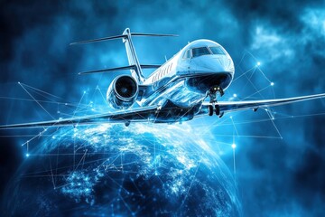 Futuristic Airplane Flying Above Planet in Abstract Digital Design