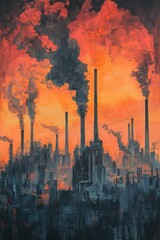 Obraz premium Industrial cityscape belching smoke under fiery sky