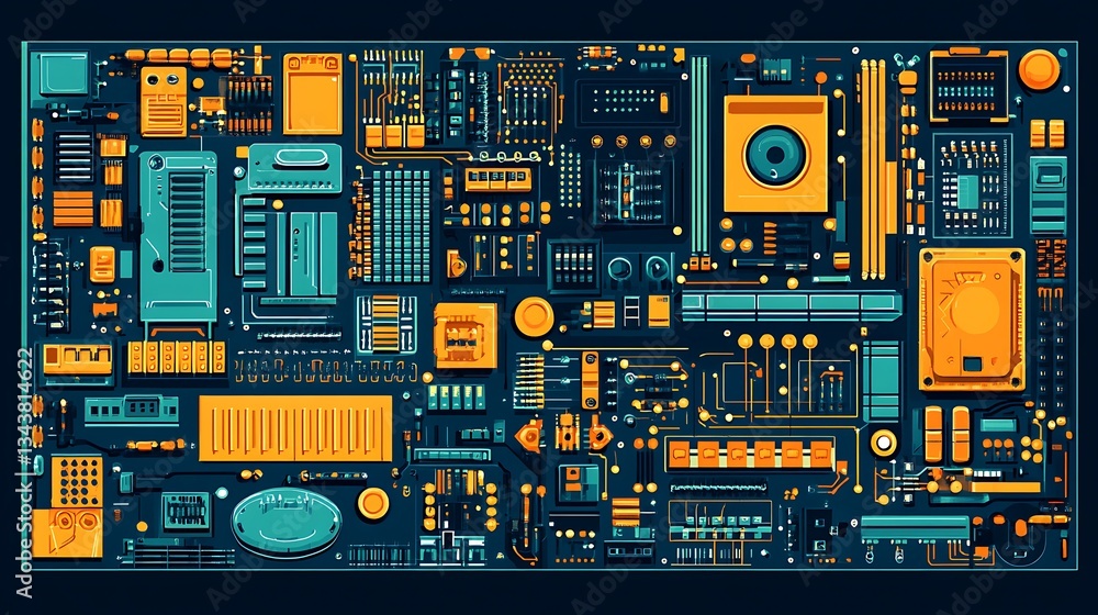 Poster an abstract depiction of a colorful printed circuit board