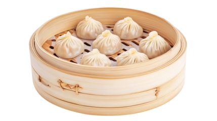 Xiao Long Bao Chinese Soup Dumplings Neatly Arranged in Bamboo Steamer Isolated on Transparent Background - Generated AI
