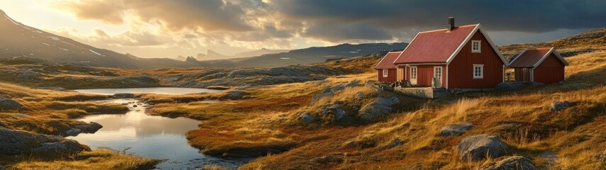 Obraz premium Tranquil Landscape with Miniature Red House Near Serene Lake