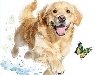 Joyful Golden Retriever Running with Butterfly Watercolor Painting