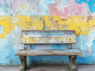 Wooden bench in front of colorful wall