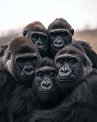 Obraz premium Dramatic portrait photograph of social gorillas closely gathered, presented in socialist realism