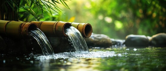 Serene bamboo water feature in lush green garden setting.