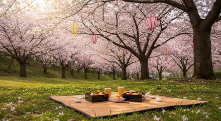 Fototapeta premium Picnic Under Blooming Cherry Trees with Japanese Bento Boxes and Lanterns
