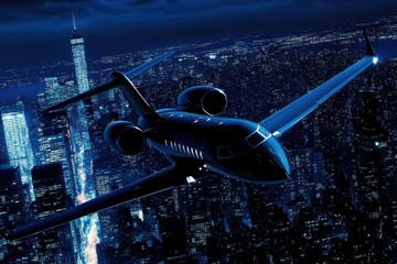 Obraz premium Private Jet Flying Over City Lights at Night in Urban Skyline