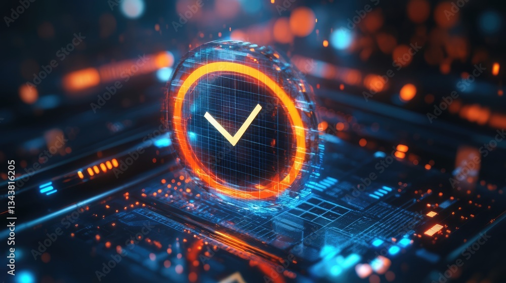 Aufkleber futuristic digital interface featuring a glowing check mark symbol, set against a high-tech data bac