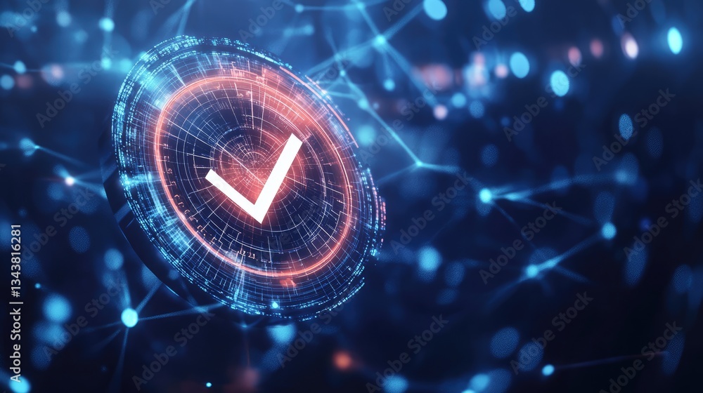 Poster futuristic digital interface displaying a checkmark symbol amidst a network of glowing blue and oran