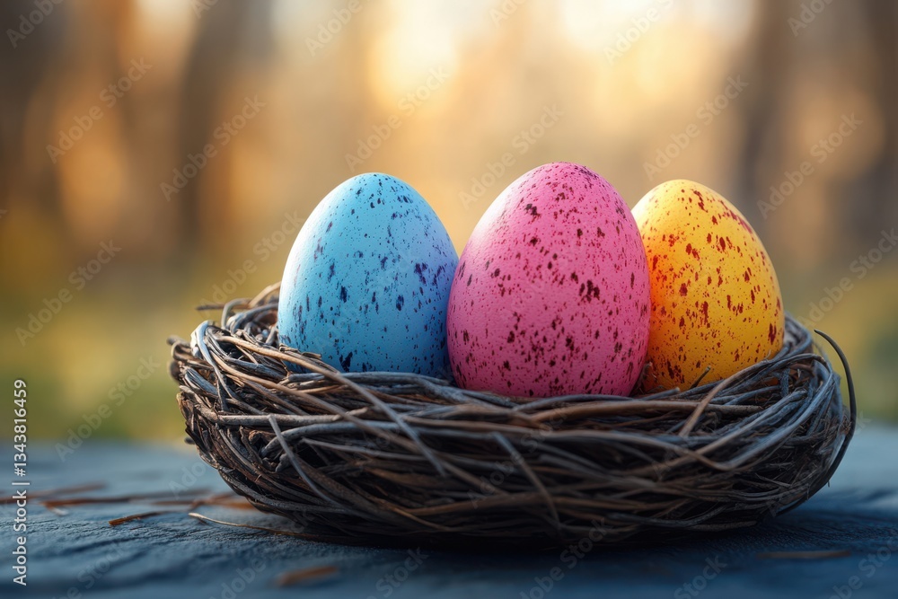 Poster an easter chaos scene with oranges and apples scattered around. vibrant colors add a festive touch t