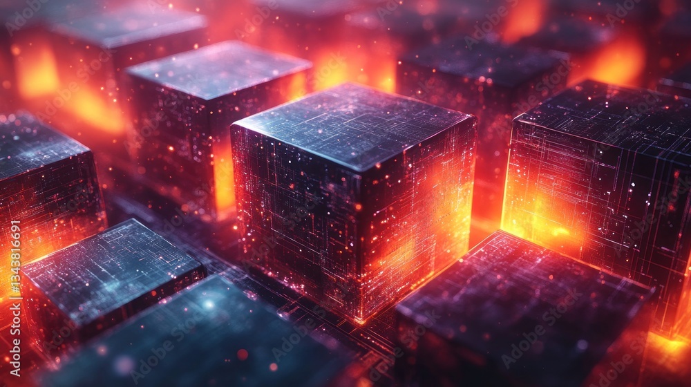 Poster abstract digital cubes: glowing network of data blocks