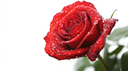 Close-up of a dewy red rose with droplets on petals