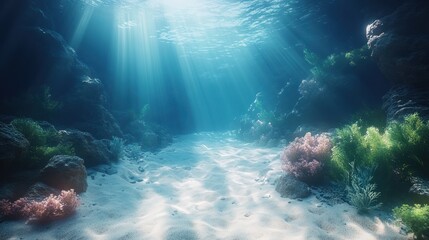 Obraz premium Sunlight Filtering Through Clear Blue Ocean Water Above Sandy Seabed in Tranquil Underwater Scene