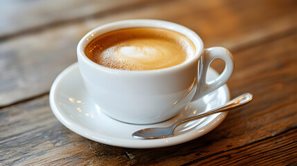 Obraz premium Warm Espresso Macchiato in White Cup on Wooden Table with Simple Spoon