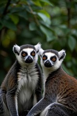 Naklejka premium two lemurs sitting on a rock looking at the camera