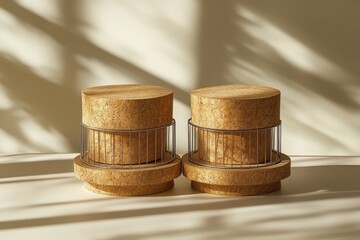 Minimalist still life of champagne cork stoppers with wire cages on beige background with sunlight shadows top view