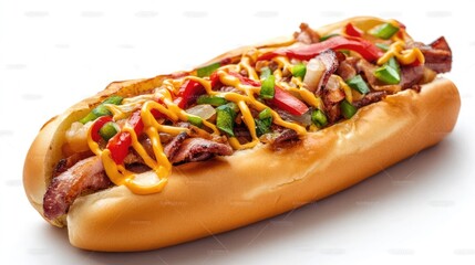 Delicious gourmet hot dog topped with grilled vegetables and sauces on a clean white background